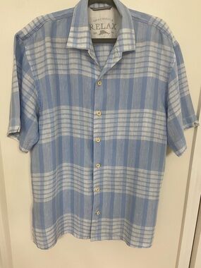 Tommy Bahama Relax Light Blue and White Plaid Short-Sleeve Button 100% Linen